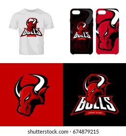 Red bull head sport club isolated vector logo concept. Modern professional team badge mascot design. Premium quality wild animal t-shirt tee print illustration. Smart phone case accessory emblem.