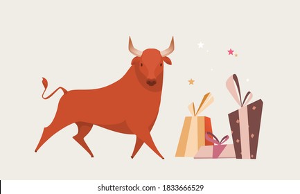 Red bull isolated illustration for greeting cards for the new year. Bull chinese symbol for new year 2021