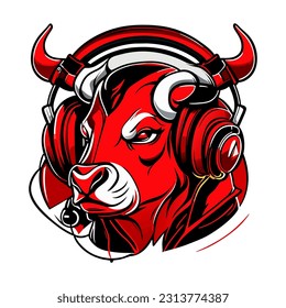 Red Bull listens to music on headphones. Vector bull head with headphones logo on white background.