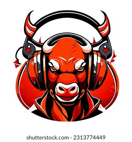 Red Bull listens to music on headphones. Vector bull head with headphones logo on white background.