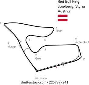 "Red Bull Ring" en Spielberg, Estiria, Austria. Circuito de arte vectorial con límites asfálticos reales, giros y apellidos. Carrera de coches y versión de fórmula. GP austriaco.