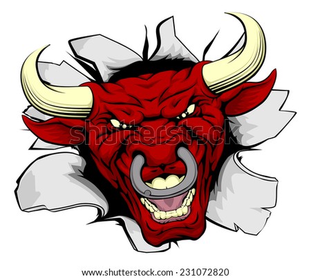 Red bull sports mascot or character smashing out of background