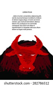 Red Bull vector illustration. Horned head paint by hand. Vertical page design with text place. Grunge, stylized bull silhouette. Inspired by San Fermin Festival (Pamplona, Spain). Clip art, Eps 10.