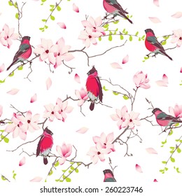 Red bullfinches on the magnolia tree vector seamless print