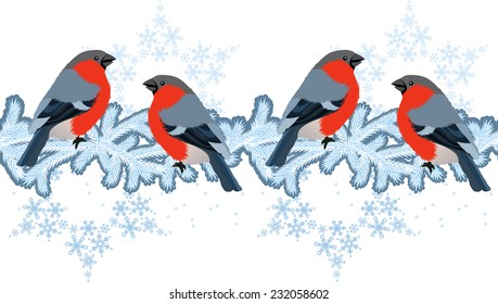 Red bullfinches on winter branches. Seamless pattern, endless texture