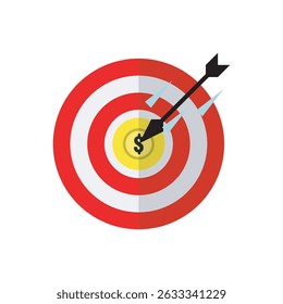 Red bullseye target with arrows hitting a dollar sign at the center, representing successful financial planning or marketing success.