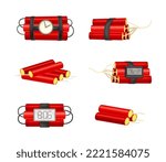 Red bundles dynamite sticks with timing device and burning bickford fuse vector illustration