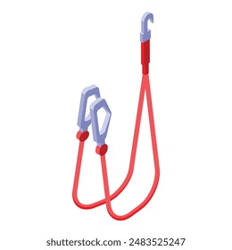 Red bungee cord with metal hooks for fixing something isometric icon