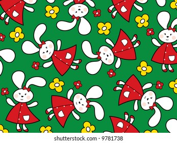 red bunnies and yellow daisies on green meadow (vector)