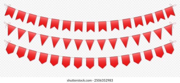 Red bunting flags, carnival party flags, festive pennants hanging on a rope. Festival vector decoration.