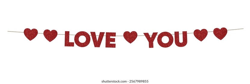 Red bunting garland with Love you text and glittering hearts flags. Festive party decoration. isolated on transparent background. Happy Valentines day, wedding  web banner overlay. Vector illustration