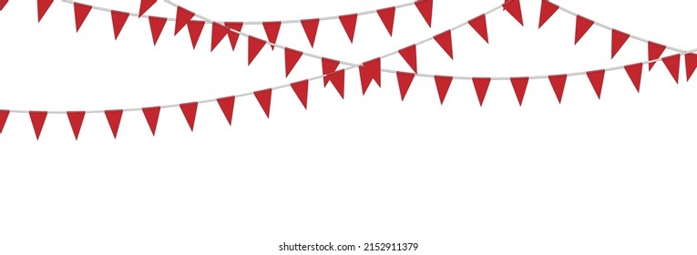 Red bunting party flags isolated on white background, vector illustration