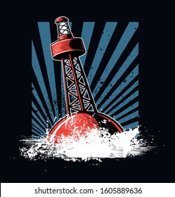 Red Buoy, Danger Marker Floating In The Stormy Ocean, Ocean Buoy Vector Image.