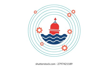 Red buoy floats in dark blue waves, encircled by multiple orange gears connected by thin blue circular lines, illustrating industrial maritime technology and connectivity.