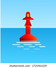 Red buoy in the water with lighter on top. Float in sea. Equipment for safety in sea. Cartoon concept. Vector illustration.