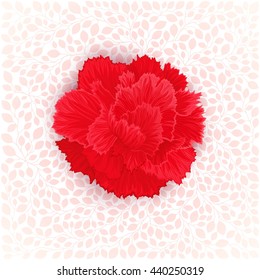 Red burgeon blossom of carnation on leaves texture. Vector design element