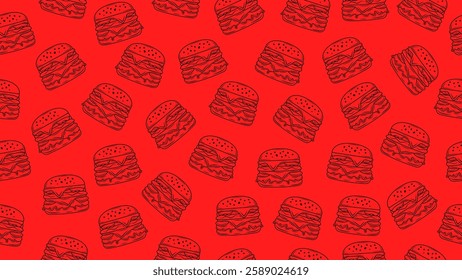 Red burger background. Hand drawn cheeseburger seamless pattern. Hamburger motif, packaging, wrapper, wallpaper