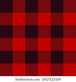 Red burgundy buffalo checkered texture. Checkered lumberjack seamless pattern. Geometric fabric background for flannel shirt, picnic blanket, kitchen napkin, tweed coat. Vector flat illustration.