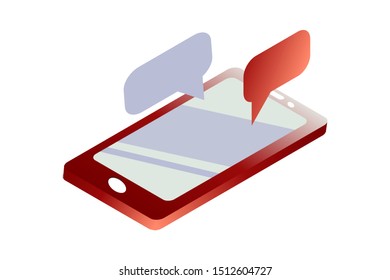 
red burgundy phone in isometric gradient color and 3D messages from a smartphone, online correspondence, communication, social networks. christmas colors