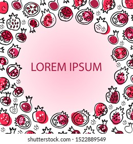 Red burgundy pomegranates, fruits in circle frame on white background. Hand drawn illustration. Lorem ipsum. Invitation template or card. Graphic design. Doodle red and black food.