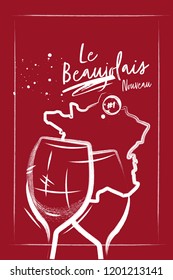 Red Burgundy Poster With Wine Glasses And Map Of France. Charcoal Style And Lettering.