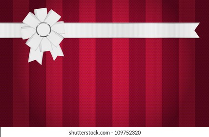 Red burgundy vector fabric textured striped background with white ribbon and bow knot decoration