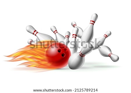 Red burning Bowling Ball in Flames crashing into the pins isolated on white Background. Illustration of bowling strike. Vector Template for poster of Sport competition or Tournament.