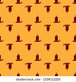 Red Burning candle in candlestick icon isolated seamless pattern on brown background. Old fashioned lit candle. Cylindrical aromatic candle stick with burning flame. Flat design. Vector Illustration