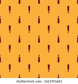 Red Burning candle in candlestick icon isolated seamless pattern on brown background. Cylindrical candle stick with burning flame.  Vector Illustration