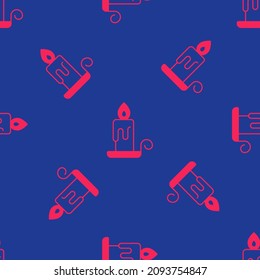 Red Burning candle in candlestick icon isolated seamless pattern on blue background. Cylindrical candle stick with burning flame.  Vector