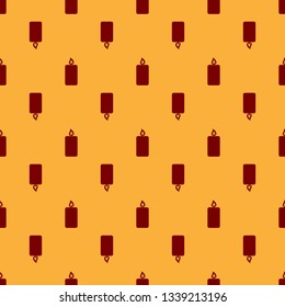 Red Burning candle icon isolated seamless pattern on brown background. Old fashioned lit candle. Cylindrical aromatic candle stick with burning flame. Flat design. Vector Illustration
