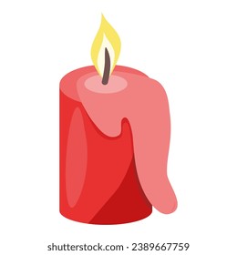 Red burning candle with melting wax, flat vector