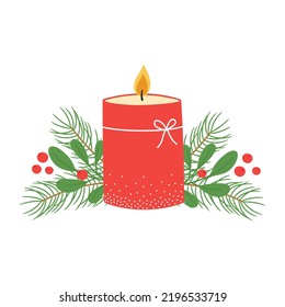 Red burning candle with mistletoe and pine branches. Template for winter Christmas design. Isolated vector illustration