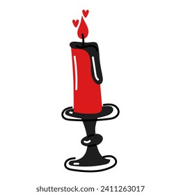 A red burning candle on a doodle candlestick. Love, romance. Flat vector illustration, isolated. A burning candle on the base as a decor. Valentine's Day, wax candle in doodle style red black colors