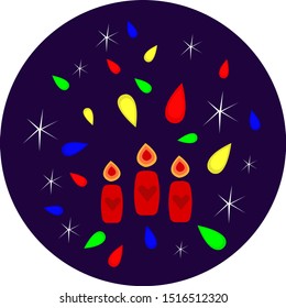 red burning candles with a pattern in the form of a heart and the lights of Christmas garlands on a background of the starry sky. concept of winter holidays and the new year
