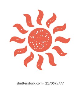 Red burning decorative sun with fire curved beams circle design grunge texture vector illustration. Amazing natural sunny solar sunrise, sunset, sundown, morning or evening isolated on white