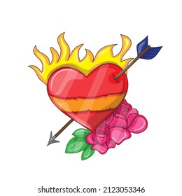 Red burning heart pierced by an arrow. Vector illustration. Fire of love. Flame of heart. Sketch for print, t-shirt. Cartoon style design.