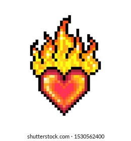 Red burning heart, pixel art icon isolated on white background. 8 bit symbol of love and passion. Valentine's Day print. Old school vintage retro 80s, 90s slot machine/video game graphics.