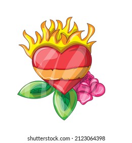 Red burning heart. Vector illustration. Fire of love. Flame of heart. Sketch for tattoo, poster, print, t-shirt. Cartoon style design.