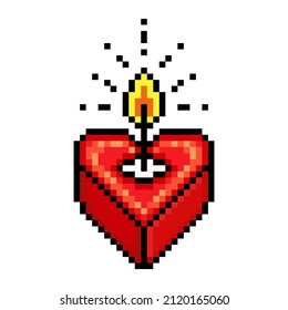 Red burning heart-shaped tea candle, pixel art love symbol isolated on white background. Wedding, Valentine's day print. February 14th romantic tealight icon. Retro 80s, 90s 8 bit video game graphics.