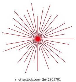 Red burst lines. Radiating vector shape. Central explosion form. Geometric star layout.