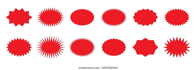 Red bursting star shapes. Set of silhouettes starburst isolated on white background.