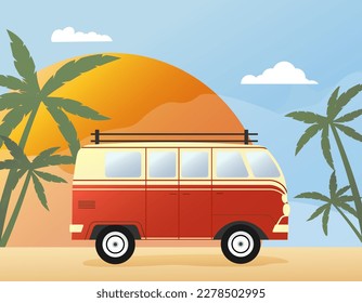 Red bus against the backdrop of palm trees and the sun. Poster template. Summer travel. Vector retro drawing. For printing on clothes, souvenirs, flyers, posters, social networks and web pages.