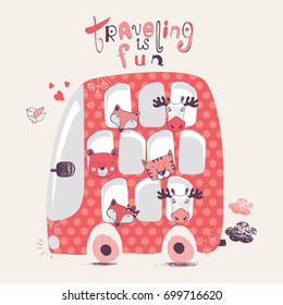 Red bus with animals,fox, tiger, bear, elk,moose'hand drawn vector illustration,can be used for kid's or baby's shirt design, fashion print design, fashion graphic,t-shirt, kids wear