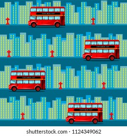 Red bus in the city. Seamless pattern. All elements are located on different layers and can be easily disabled.