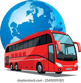 Autobús rojo circulando por todo el mundo, representando el turismo y el transporte global