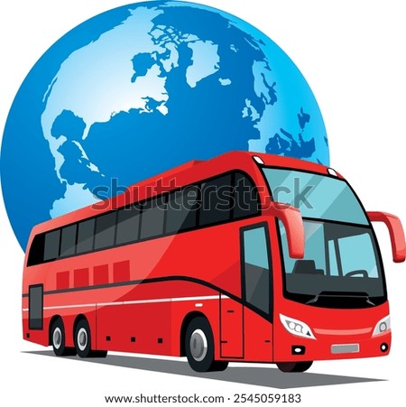 Red bus driving around the world, representing global tourism and transportation