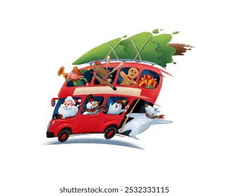 red bus english london with christmas characters cartoon santa claus bear elf penguin biscuit