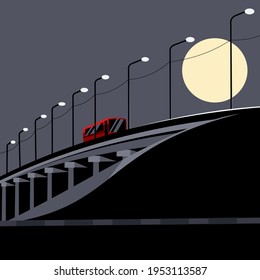 The red bus goes over the bridge. Vector illustration.