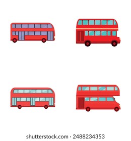 Iconos de autobús rojo conjunto Vector de dibujos animados. Autobús de dos pisos rojo británico. Transporte urbano